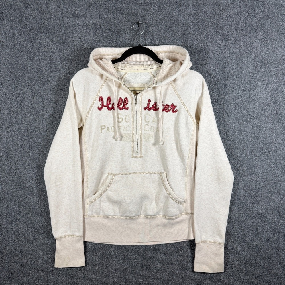 Vintage Y2K Hollister Half Zip Hoodie Fitted Streetwear Cream Womens Size Large